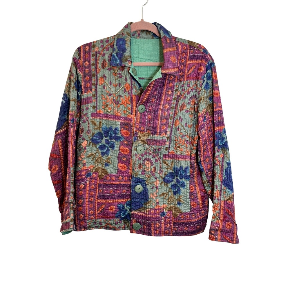 Flashback Reversible‎ Quilted Jacket Size M Purple Green Patchwork Embroidered M